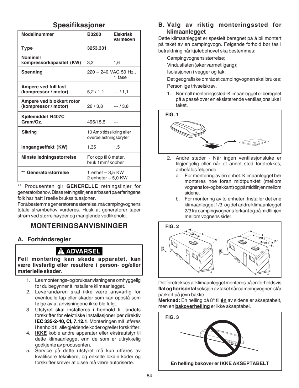 Spesifikasjoner monteringsanvisninger | Dometic CARAVAN B3200 User Manual | Page 83 / 120