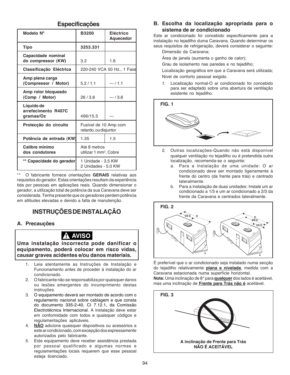 Especificações instruções de instalação | Dometic CARAVAN B3200 User Manual | Page 93 / 120