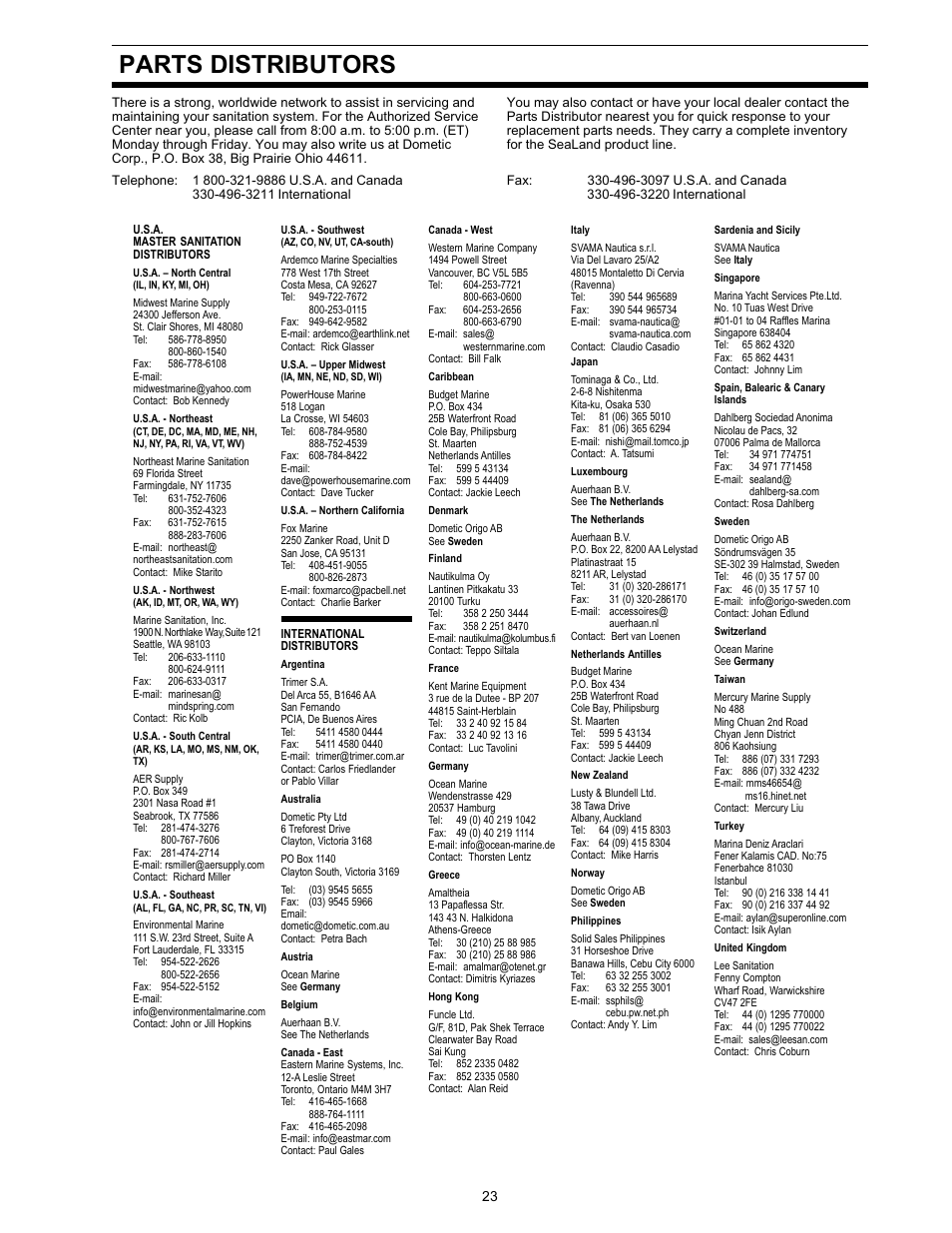 Parts distributors | Dometic 500Plus Series User Manual | Page 23 / 24