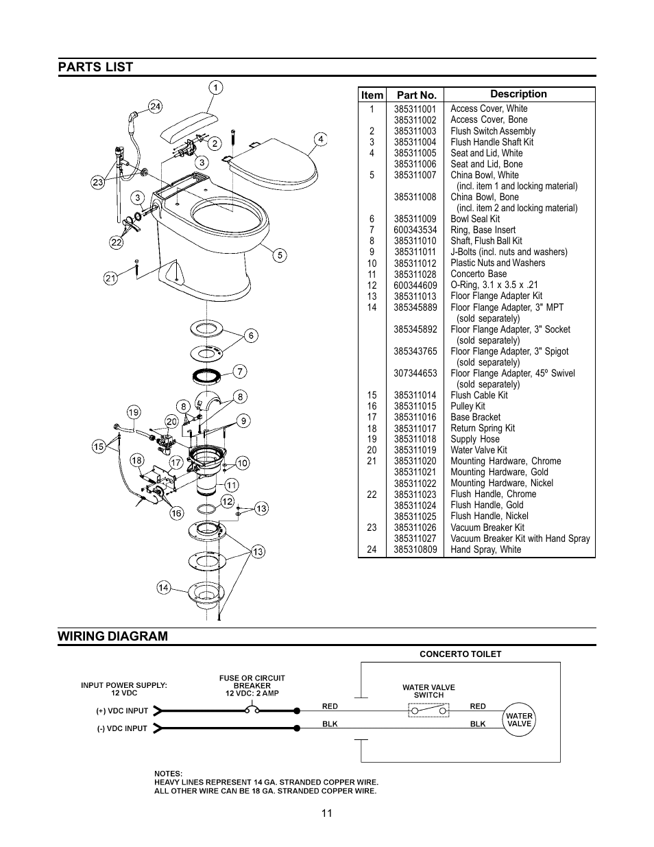 Parts list, Wiring diagram | Dometic 3210 User Manual | Page 11 / 12