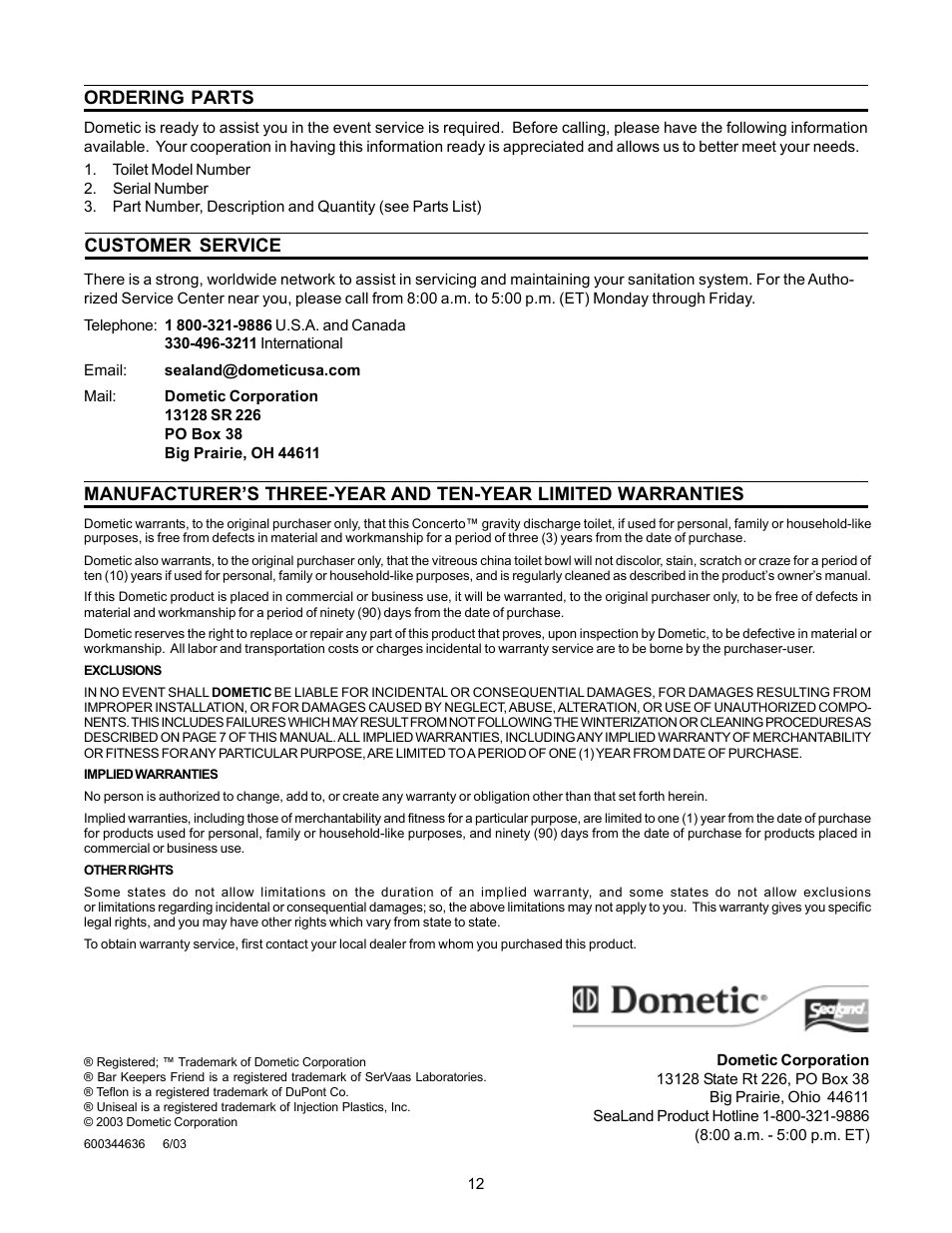 Ordering parts, Customer service, Manufacturer's limited warranties | Dometic 3210 User Manual | Page 12 / 12