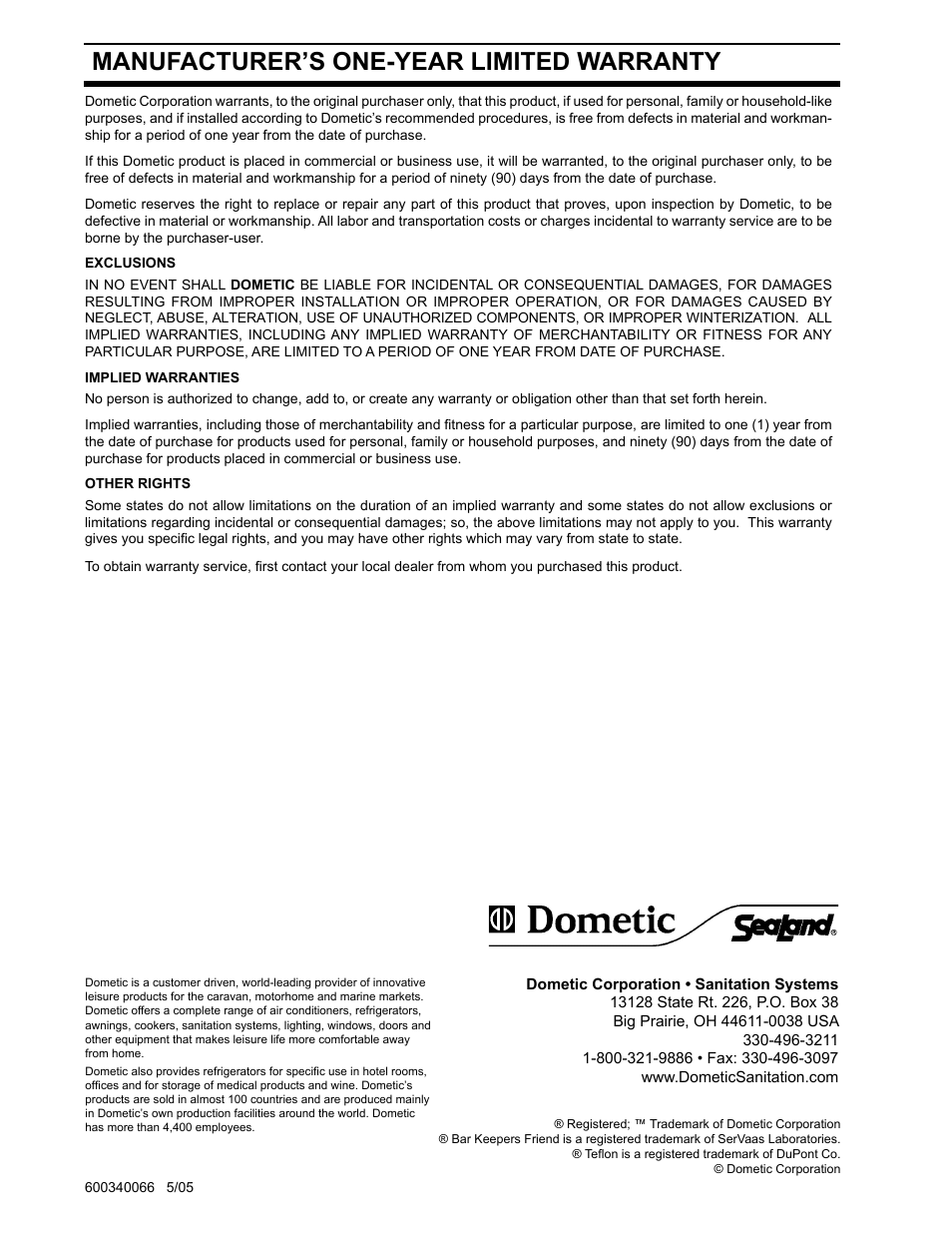Limited warranty, Manufacturer’s one-year limited warranty | Dometic 706 User Manual | Page 16 / 16