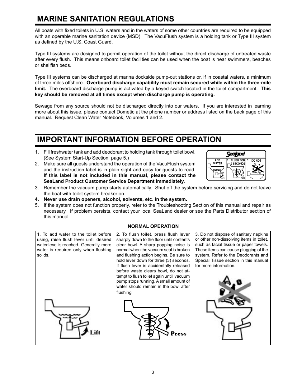 Marine sanitation regulations, Important information before operation | Dometic 706 User Manual | Page 3 / 16