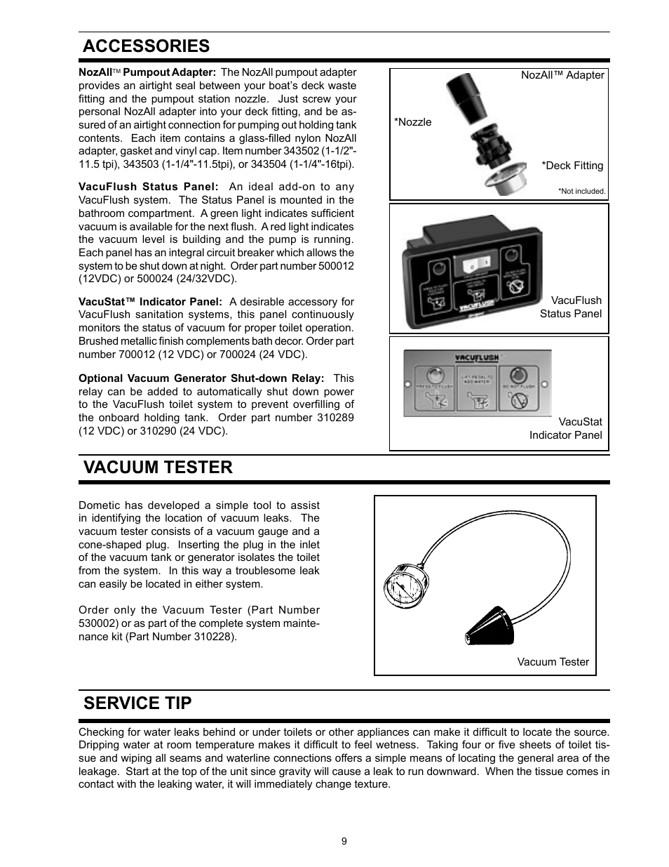 Accessories, Vacuum tester, Service tip | Dometic 706 User Manual | Page 9 / 16
