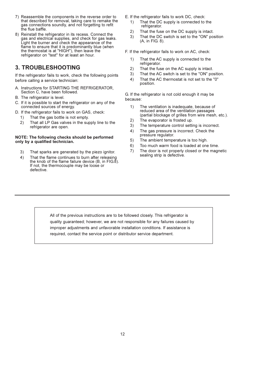 Troubleshooting | Dometic RM 4223 User Manual | Page 12 / 12