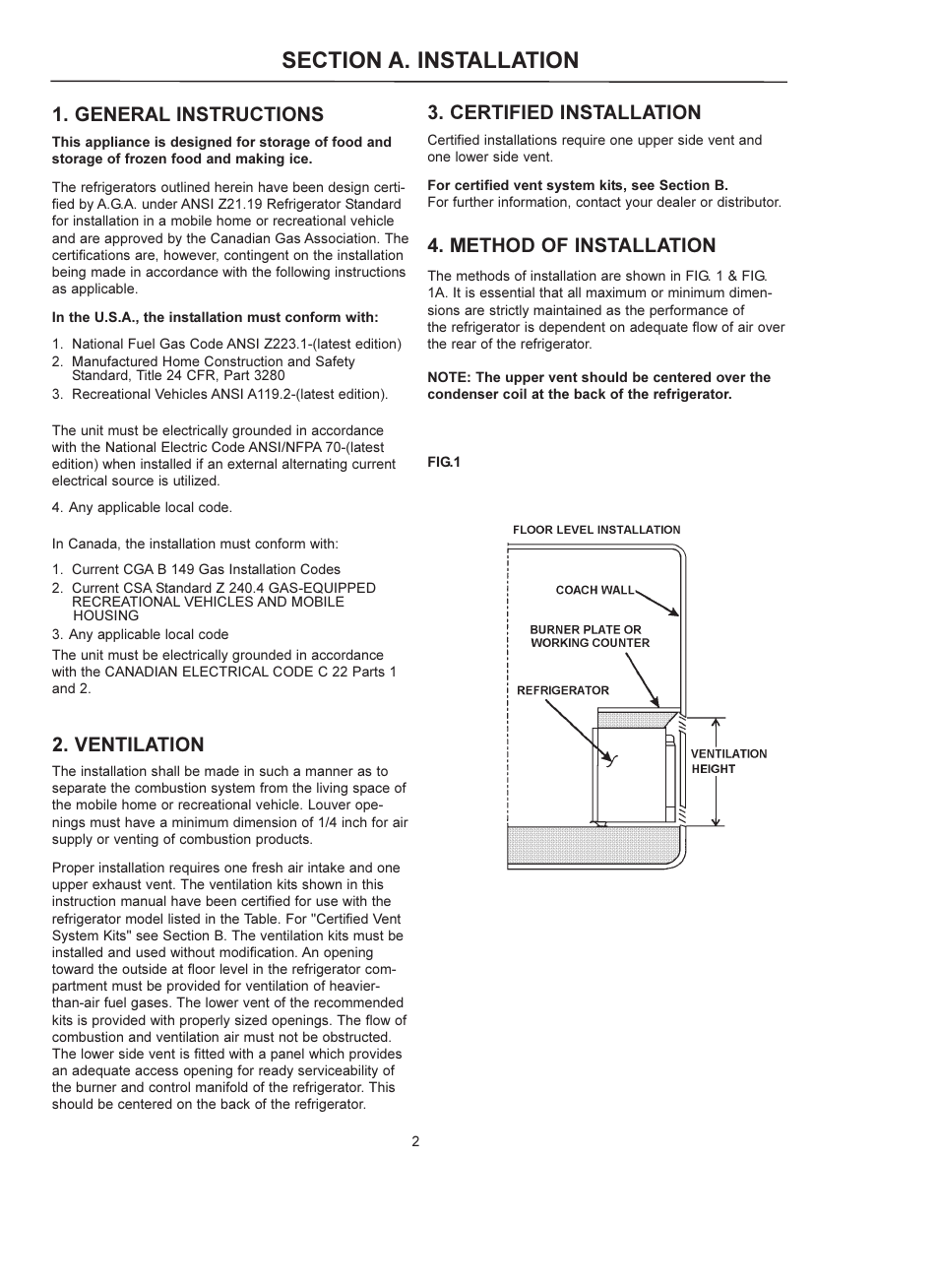 General instructions, Ventilation, Certified installation | Method of installation | Dometic RM 4223 User Manual | Page 2 / 12