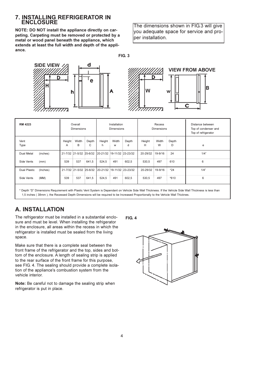 Installing refrigerator in enclosure, A. installation | Dometic RM 4223 User Manual | Page 4 / 12