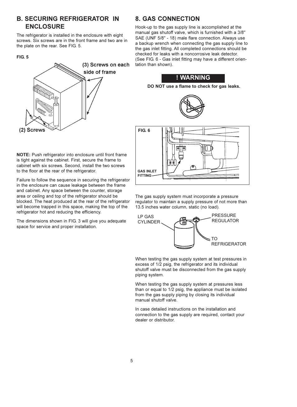 B. securing refrigerator in enclosure, Gas connection, Warning | Dometic RM 4223 User Manual | Page 5 / 12