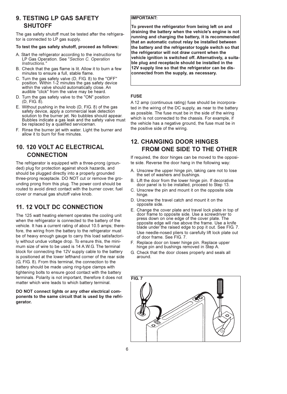 Testing lp gas safety shutoff, 120 volt ac electrical connection, 12 volt dc connection | Changing door hinges from one side to the other | Dometic RM 4223 User Manual | Page 6 / 12