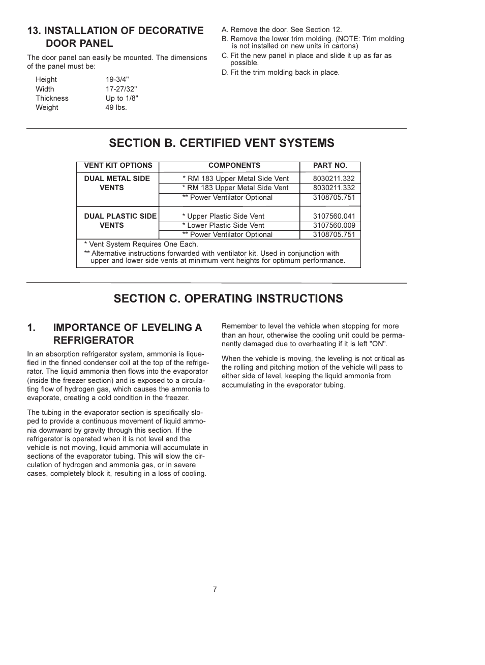 Installation of decorative door panel, Importance of leveling a refrigerator | Dometic RM 4223 User Manual | Page 7 / 12