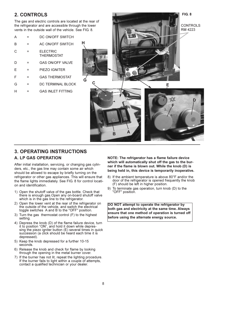 Controls, Operating instructions | Dometic RM 4223 User Manual | Page 8 / 12