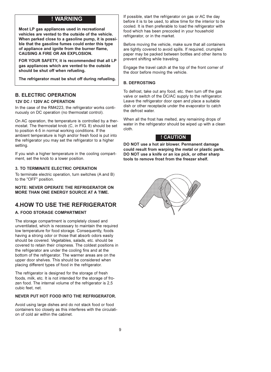 How to use the refrigerator, Warning | Dometic RM 4223 User Manual | Page 9 / 12