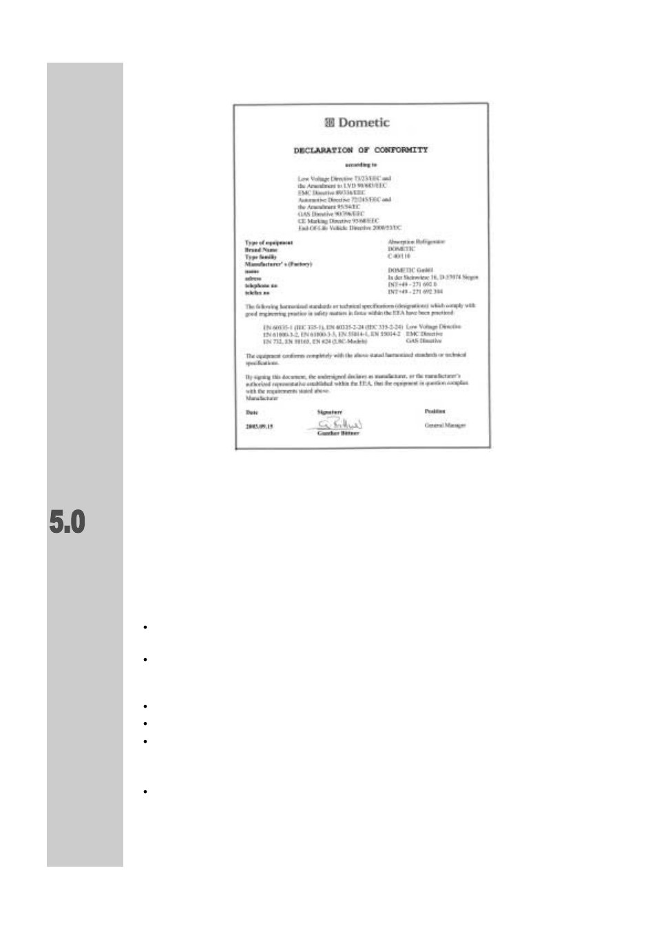 Installation of the refrigerator, Declaration of conformity, Mounting and connection | Dometic RGE 2000 User Manual | Page 6 / 18