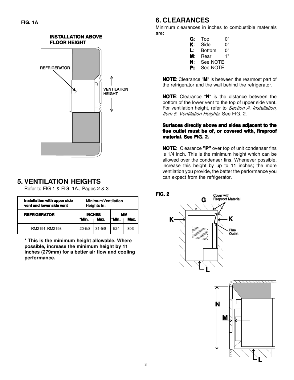 Clearances, Ventilation heights | Dometic RM2191 & RM2193 User Manual | Page 3 / 12