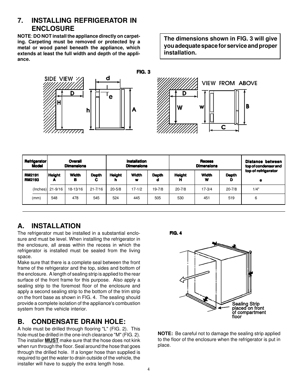 Installing refrigerator in enclosure, A. installation, B. condensate drain hole | Dometic RM2191 & RM2193 User Manual | Page 4 / 12