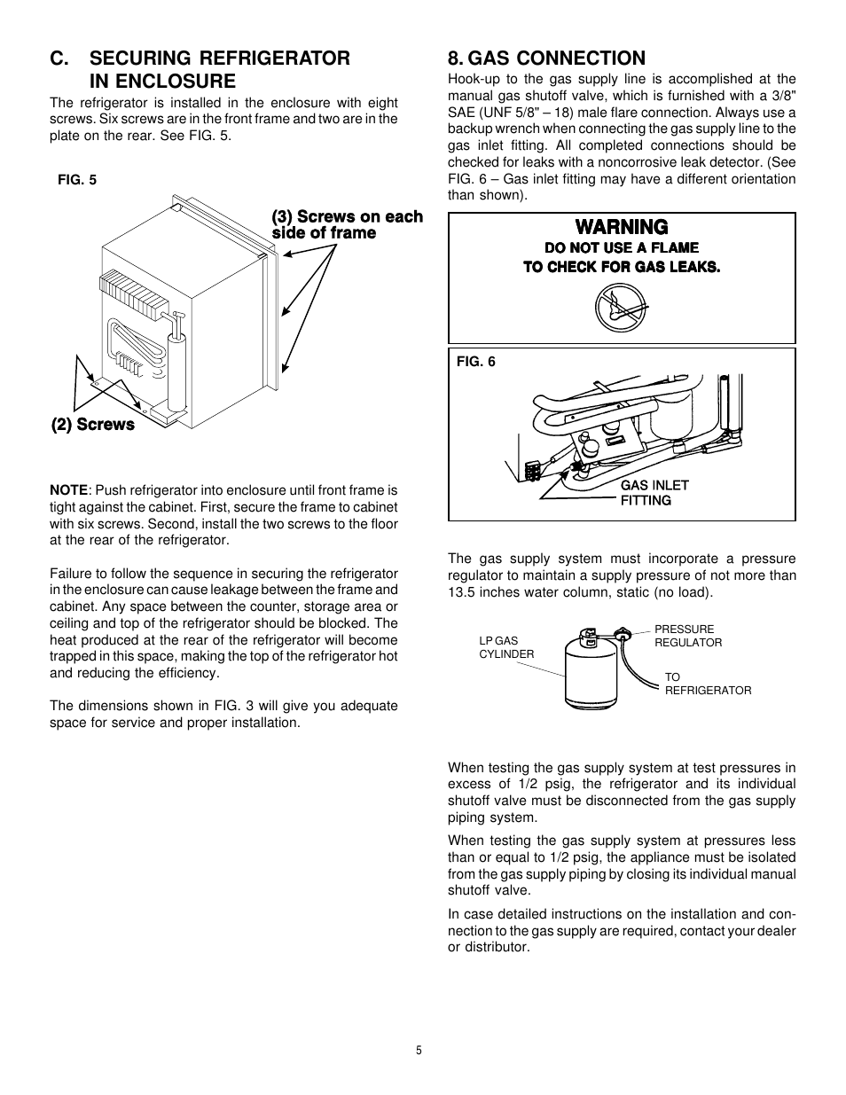Gas connection, Wwarning arning arning arning arning, C. securing refrigerator in enclosure | Dometic RM2191 & RM2193 User Manual | Page 5 / 12