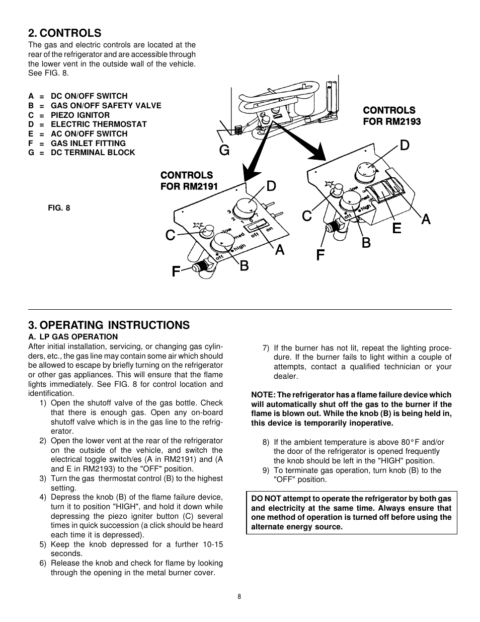 Controls, Operating instructions | Dometic RM2191 & RM2193 User Manual | Page 8 / 12