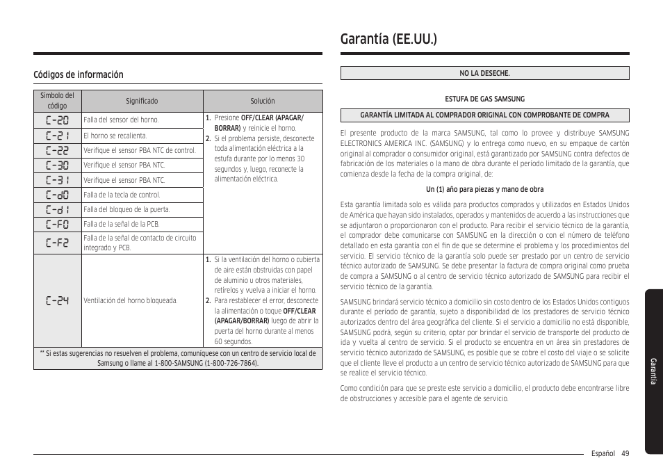 Códigos de información, Garantía (ee.uu.) | Samsung 30 Inch Freestanding Gas Smart Range Owners Guide User Manual | Page 105 / 164