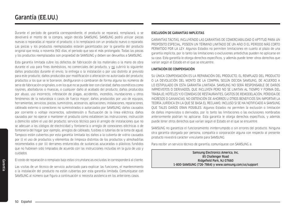 Garantía, Garantía (ee.uu.) | Samsung 30 Inch Freestanding Gas Smart Range Owners Guide User Manual | Page 106 / 164