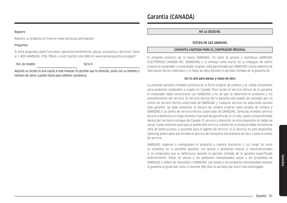 Garantía (canadá) | Samsung 30 Inch Freestanding Gas Smart Range Owners Guide User Manual | Page 107 / 164