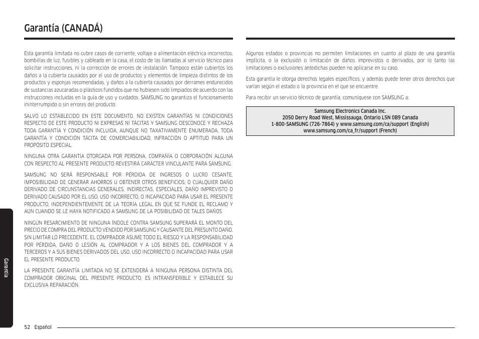 Garantía, Garantía (canadá) | Samsung 30 Inch Freestanding Gas Smart Range Owners Guide User Manual | Page 108 / 164