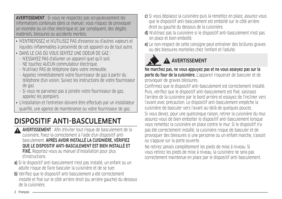 Dispositif anti-basculement | Samsung 30 Inch Freestanding Gas Smart Range Owners Guide User Manual | Page 112 / 164