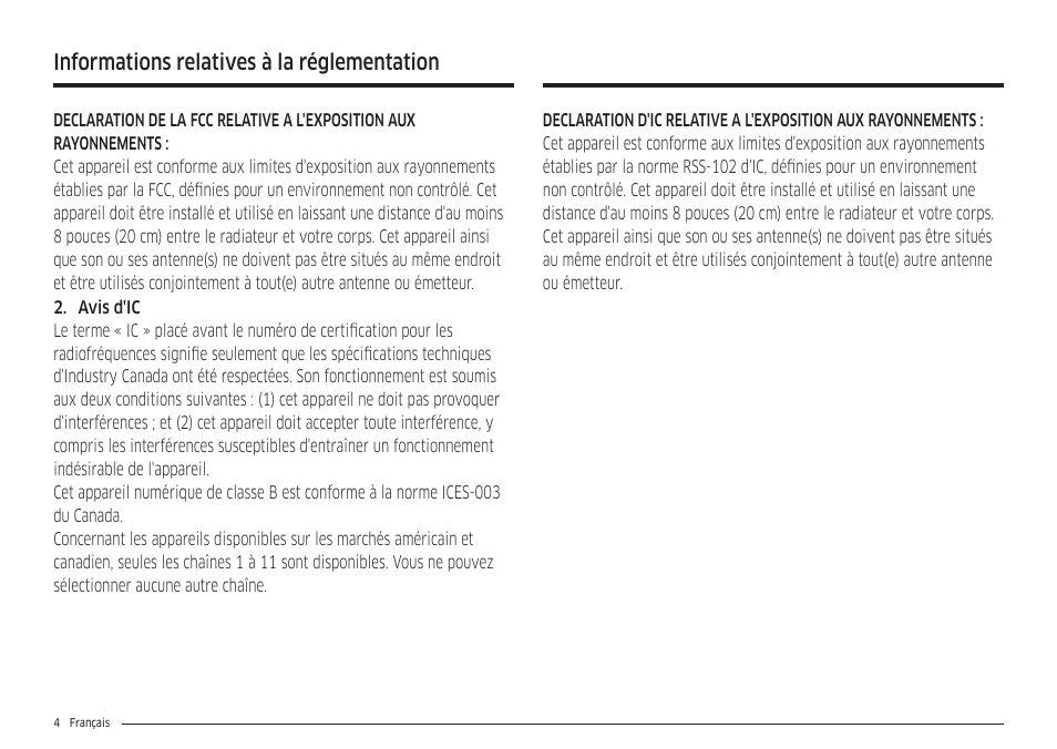 Informations relatives à la réglementation | Samsung 30 Inch Freestanding Gas Smart Range Owners Guide User Manual | Page 114 / 164