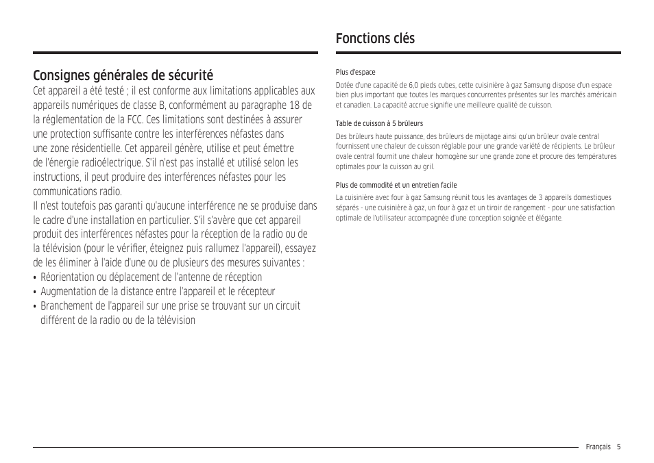 Fonctions clés, Consignes générales de sécurité | Samsung 30 Inch Freestanding Gas Smart Range Owners Guide User Manual | Page 115 / 164