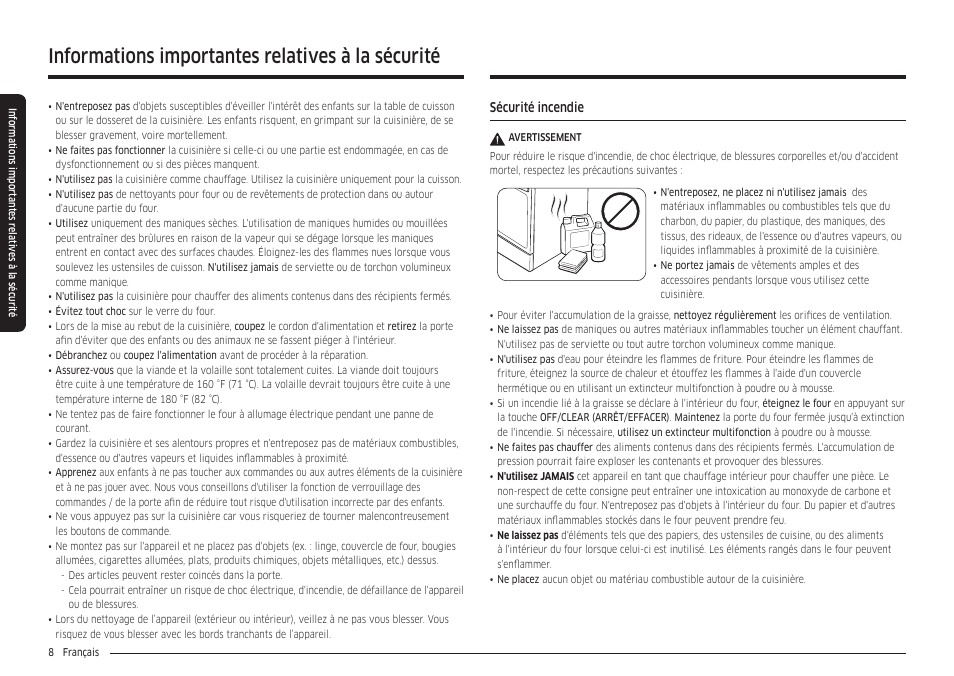Informations importantes relatives à la sécurité | Samsung 30 Inch Freestanding Gas Smart Range Owners Guide User Manual | Page 118 / 164