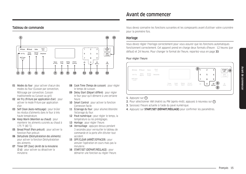 Tableau de commande, Avant de commencer, Horloge | Horloge 15 | Samsung 30 Inch Freestanding Gas Smart Range Owners Guide User Manual | Page 125 / 164