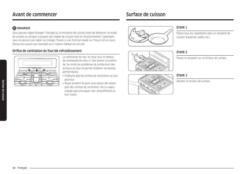 Orifice de ventilation du four/de refroidissement, Surface de cuisson, Avant de commencer | Samsung 30 Inch Freestanding Gas Smart Range Owners Guide User Manual | Page 126 / 164