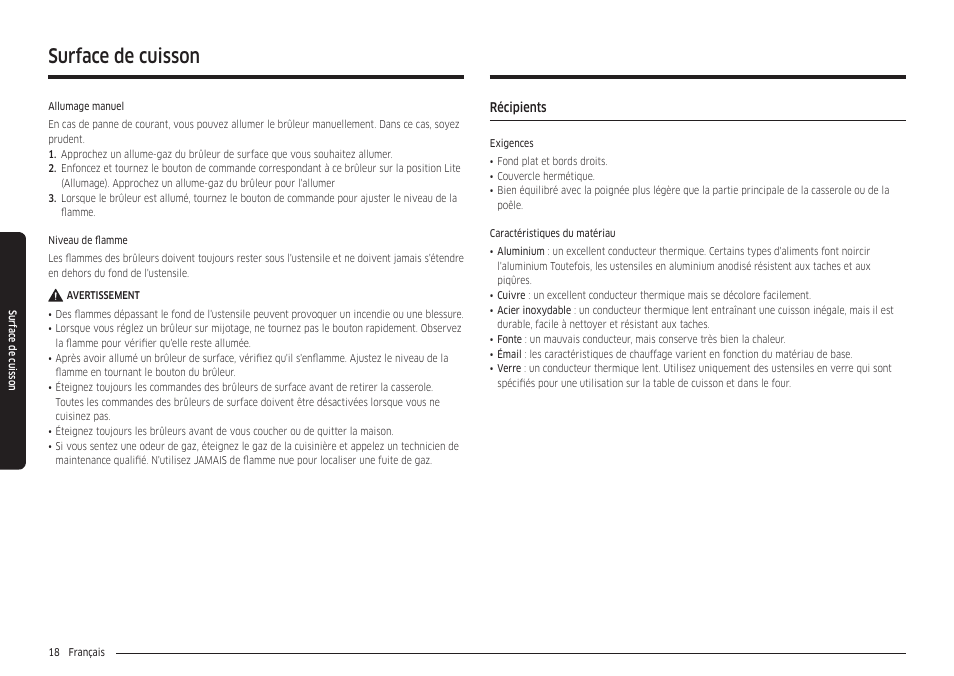 Récipients, Récipients 18, Surface de cuisson | Samsung 30 Inch Freestanding Gas Smart Range Owners Guide User Manual | Page 128 / 164