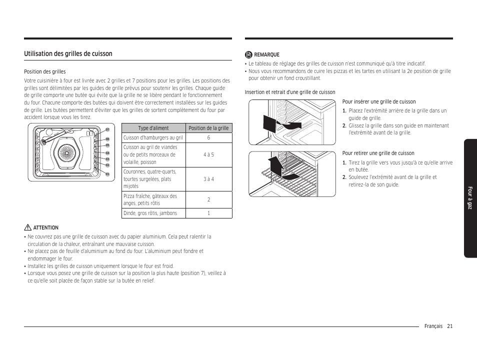 Utilisation des grilles de cuisson | Samsung 30 Inch Freestanding Gas Smart Range Owners Guide User Manual | Page 131 / 164