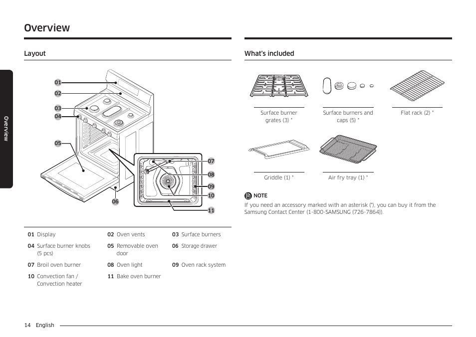 Overview, Layout, What’s included | Layout 14 what’s included | Samsung 30 Inch Freestanding Gas Smart Range Owners Guide User Manual | Page 14 / 164