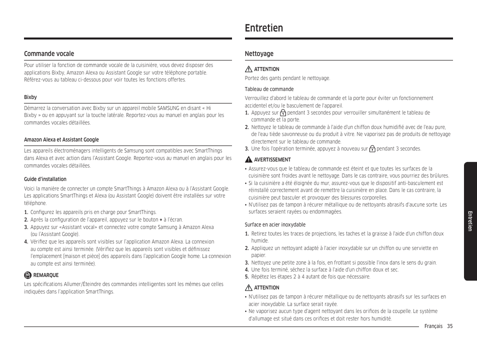 Commande vocale, Entretien, Nettoyage | Nettoyage 35 | Samsung 30 Inch Freestanding Gas Smart Range Owners Guide User Manual | Page 145 / 164