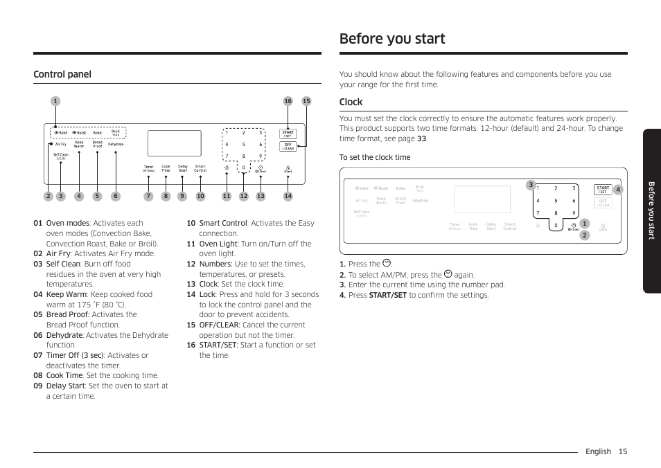 Control panel, Before you start, Clock | Clock 15 | Samsung 30 Inch Freestanding Gas Smart Range Owners Guide User Manual | Page 15 / 164
