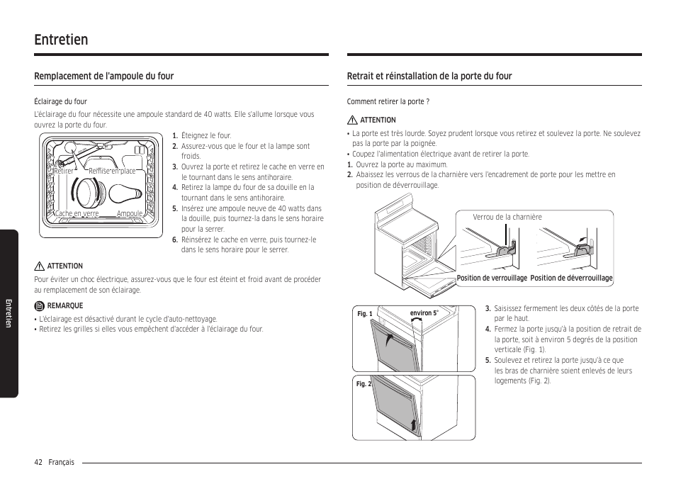 Remplacement de l'ampoule du four, Retrait et réinstallation de la porte du four, Entretien | Samsung 30 Inch Freestanding Gas Smart Range Owners Guide User Manual | Page 152 / 164