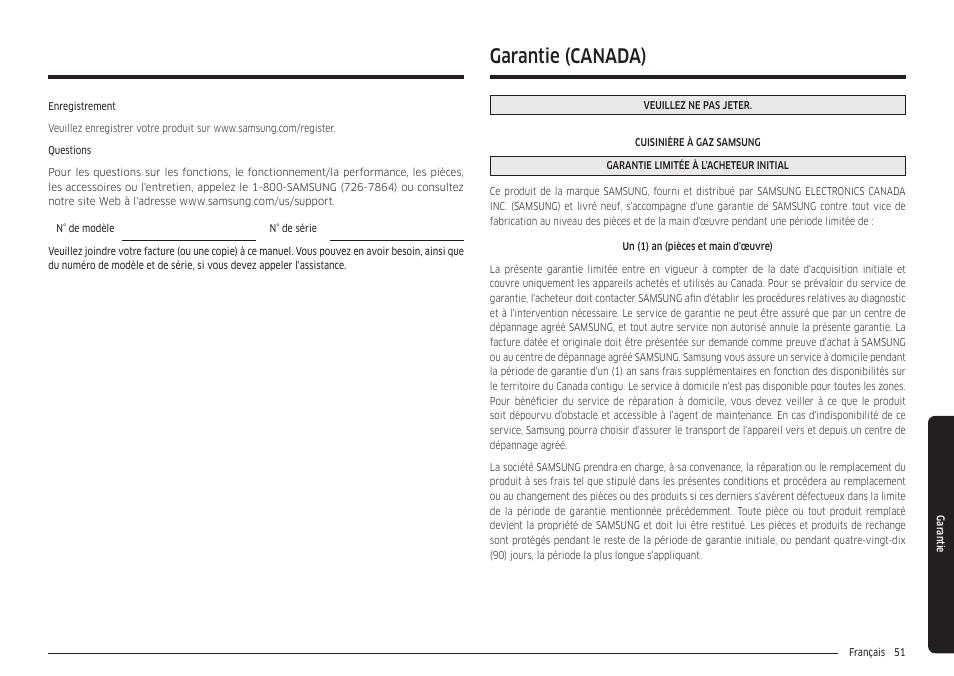 Garantie (canada) | Samsung 30 Inch Freestanding Gas Smart Range Owners Guide User Manual | Page 161 / 164