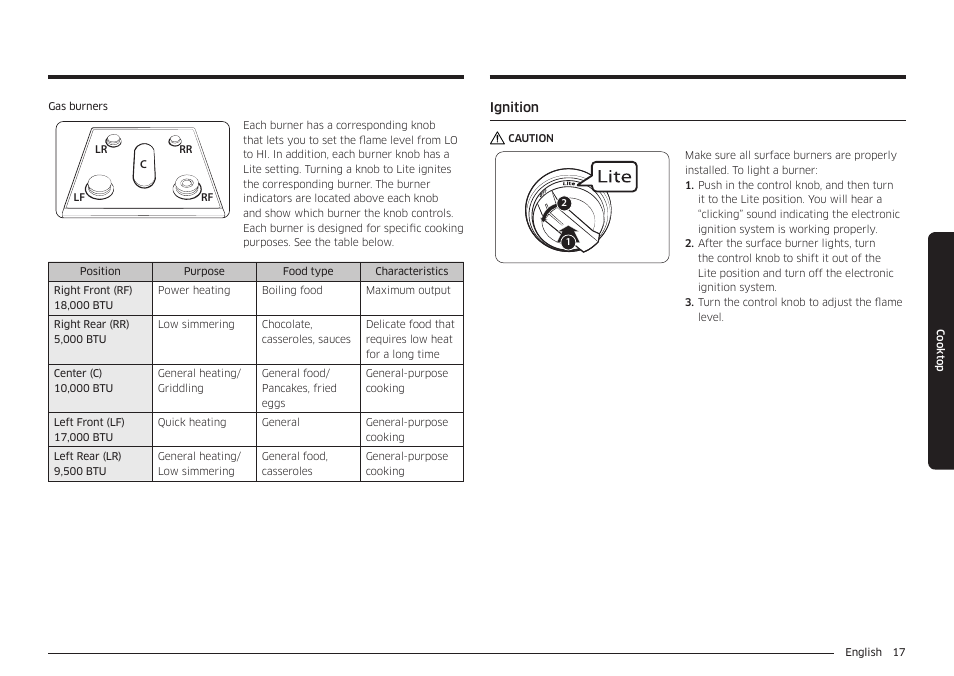 Ignition, Ignition 17 | Samsung 30 Inch Freestanding Gas Smart Range Owners Guide User Manual | Page 17 / 164