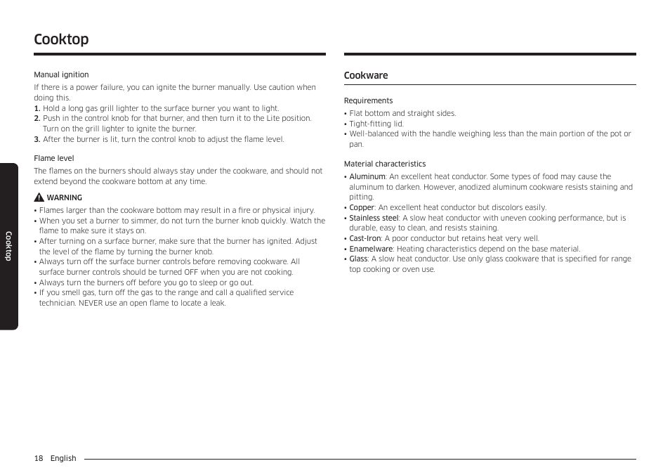 Cookware, Cookware 18, Cooktop | Samsung 30 Inch Freestanding Gas Smart Range Owners Guide User Manual | Page 18 / 164