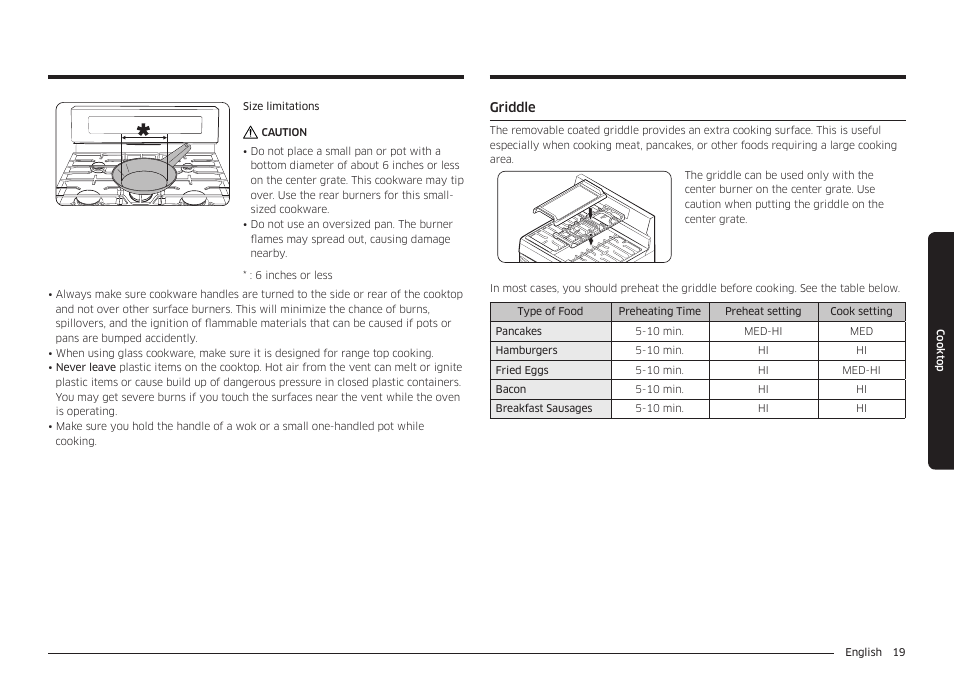 Griddle, Griddle 19 | Samsung 30 Inch Freestanding Gas Smart Range Owners Guide User Manual | Page 19 / 164