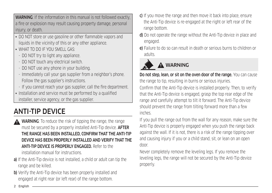 Anti-tip device | Samsung 30 Inch Freestanding Gas Smart Range Owners Guide User Manual | Page 2 / 164