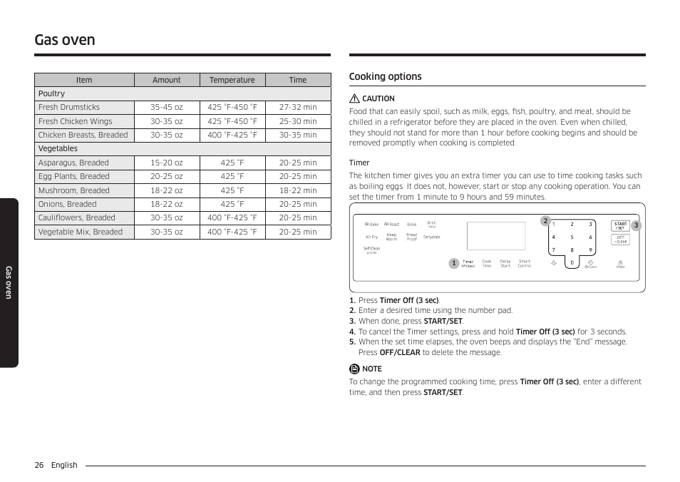 Cooking options, Gas oven | Samsung 30 Inch Freestanding Gas Smart Range Owners Guide User Manual | Page 26 / 164