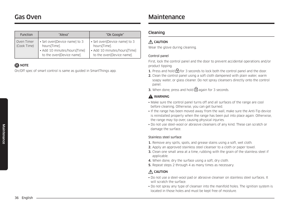 Maintenance, Cleaning, Cleaning 36 | Gas oven | Samsung 30 Inch Freestanding Gas Smart Range Owners Guide User Manual | Page 36 / 164