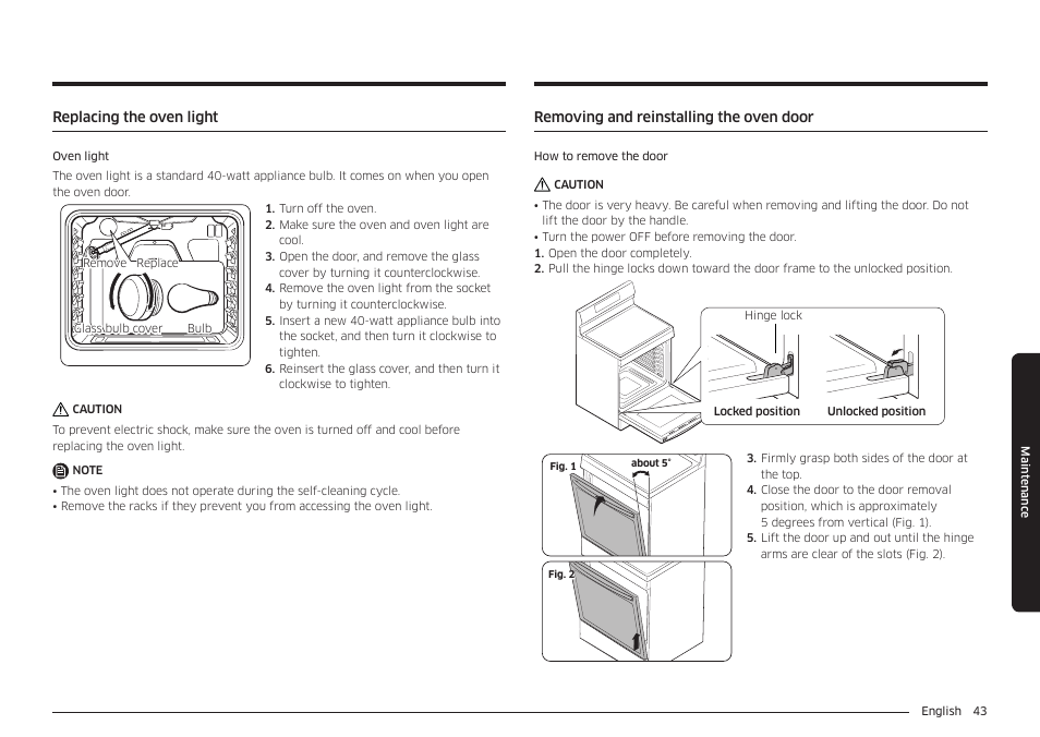 Replacing the oven light, Removing and reinstalling the oven door | Samsung 30 Inch Freestanding Gas Smart Range Owners Guide User Manual | Page 43 / 164
