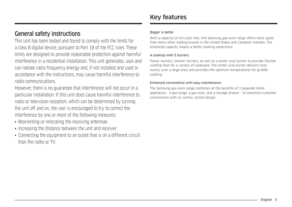 Key features, General safety instructions | Samsung 30 Inch Freestanding Gas Smart Range Owners Guide User Manual | Page 5 / 164