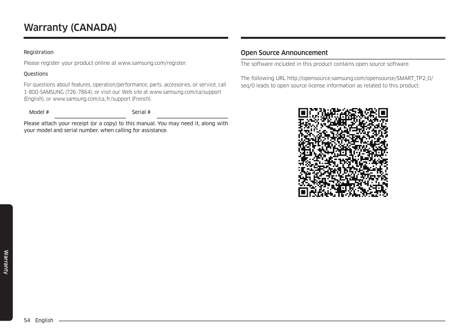 Open source announcement, Warranty, Warranty (canada) | Samsung 30 Inch Freestanding Gas Smart Range Owners Guide User Manual | Page 54 / 164