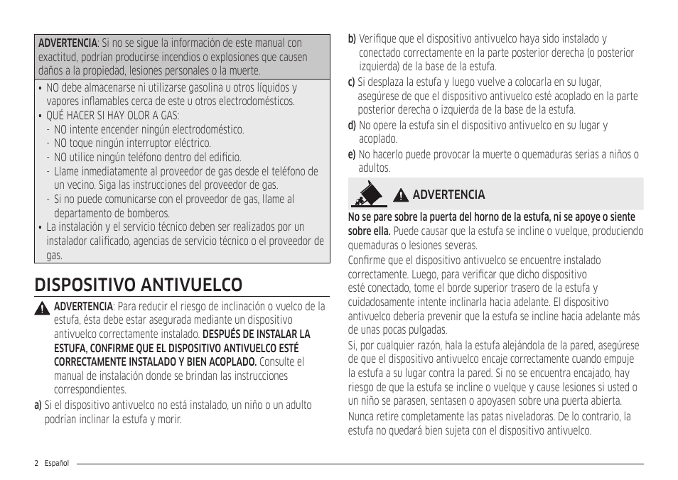 Dispositivo antivuelco | Samsung 30 Inch Freestanding Gas Smart Range Owners Guide User Manual | Page 58 / 164