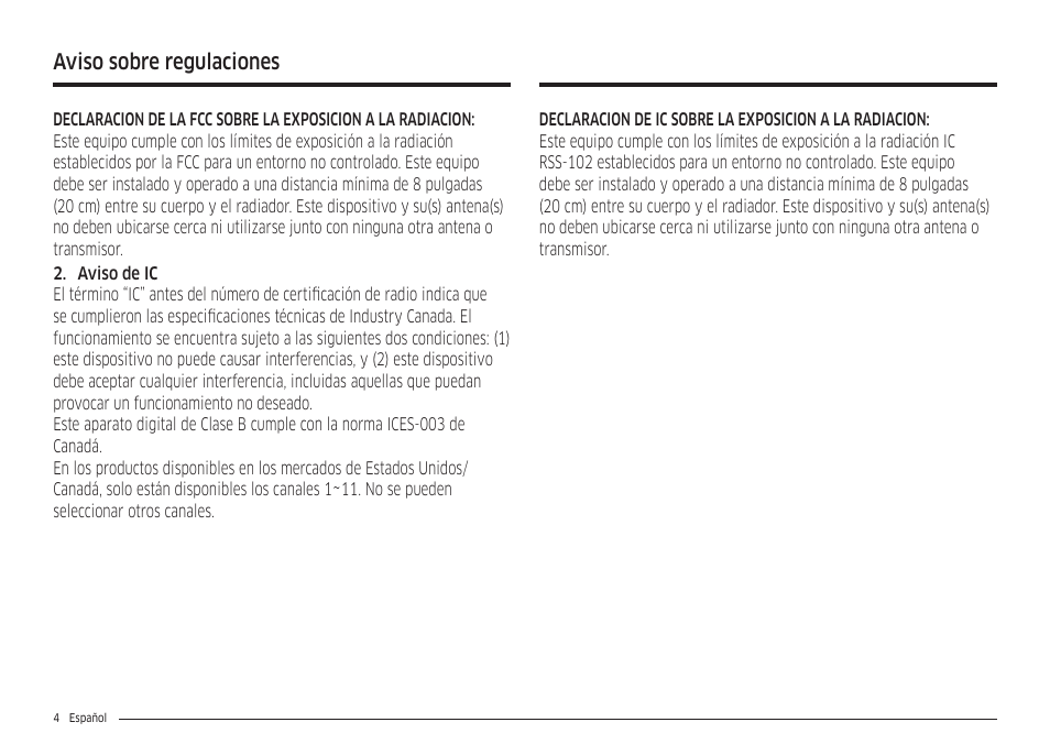 Aviso sobre regulaciones | Samsung 30 Inch Freestanding Gas Smart Range Owners Guide User Manual | Page 60 / 164