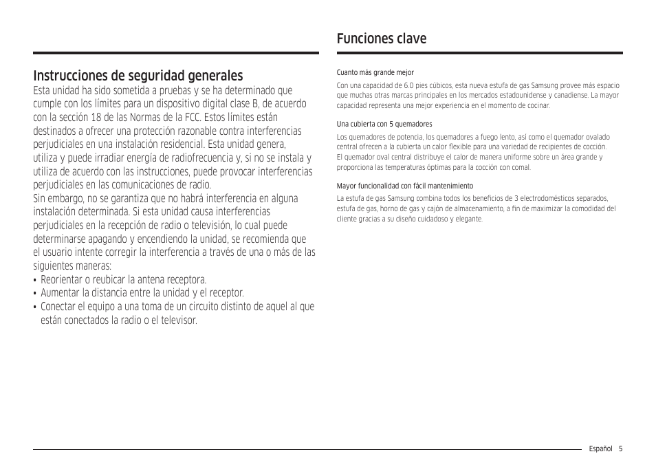 Funciones clave, Instrucciones de seguridad generales | Samsung 30 Inch Freestanding Gas Smart Range Owners Guide User Manual | Page 61 / 164